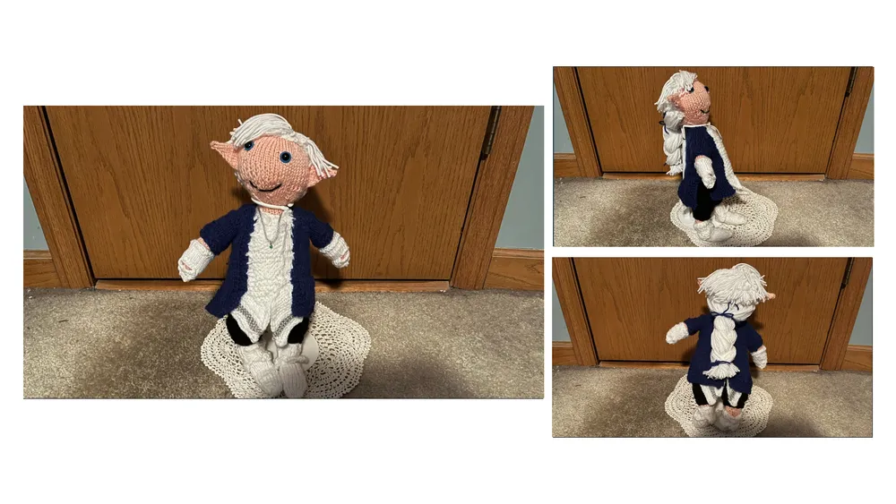 Three views of a knitted doll of Alphinaud, one from the front, one from the back, and one from the side. The pictures are dark and dingy from being taken at night. Official 2026 Fan Fest Entry